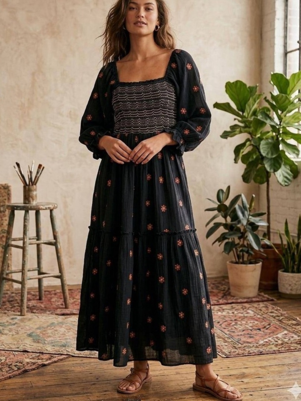 Free People Dahlia Smocked Tierred Maxi Dress Sz M Balloon Sleeve Floral Boho